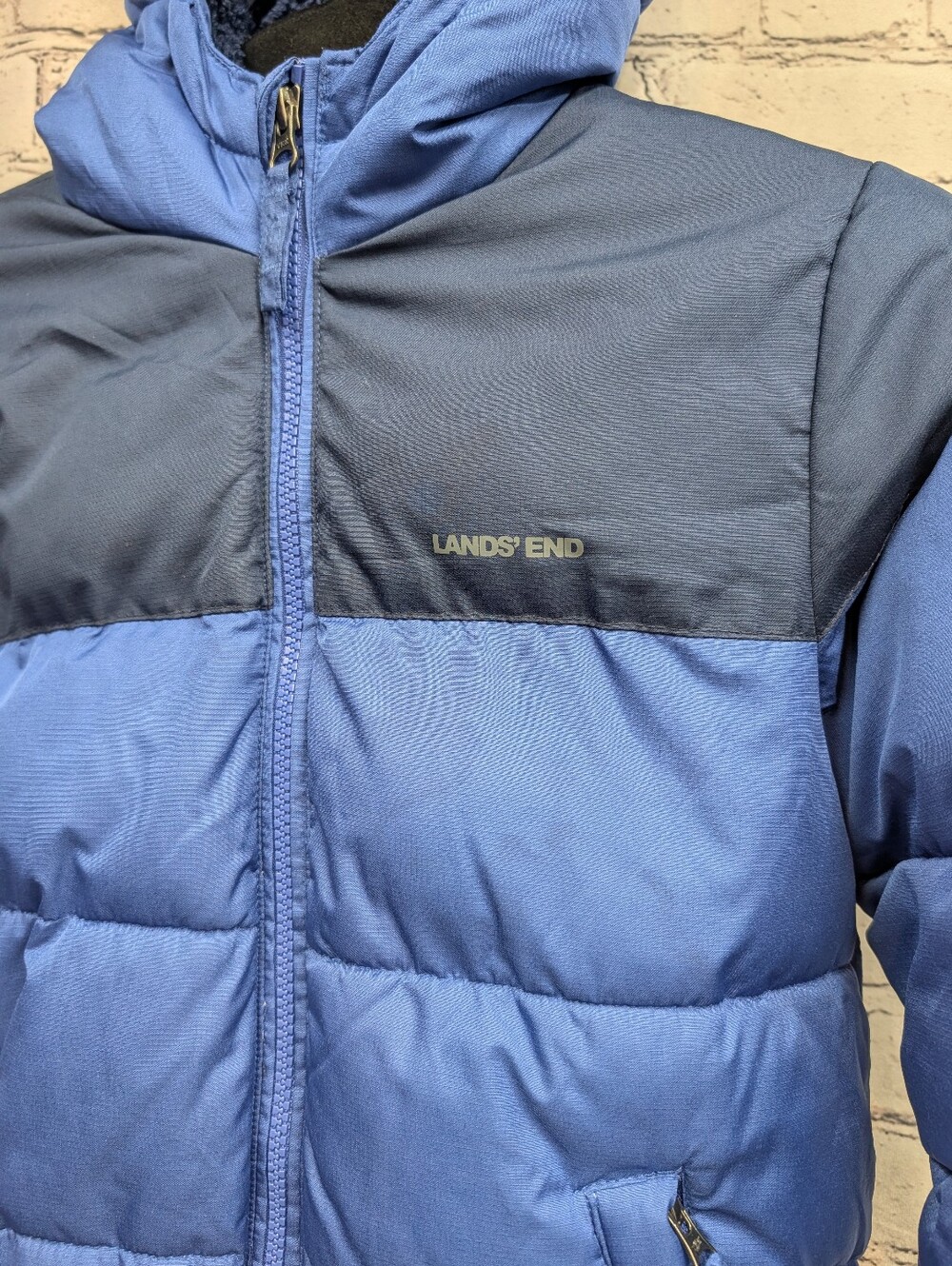 Lands' End Kids' Two-Tone Blue Hooded Puffer Jacket - Picture 2 of 6